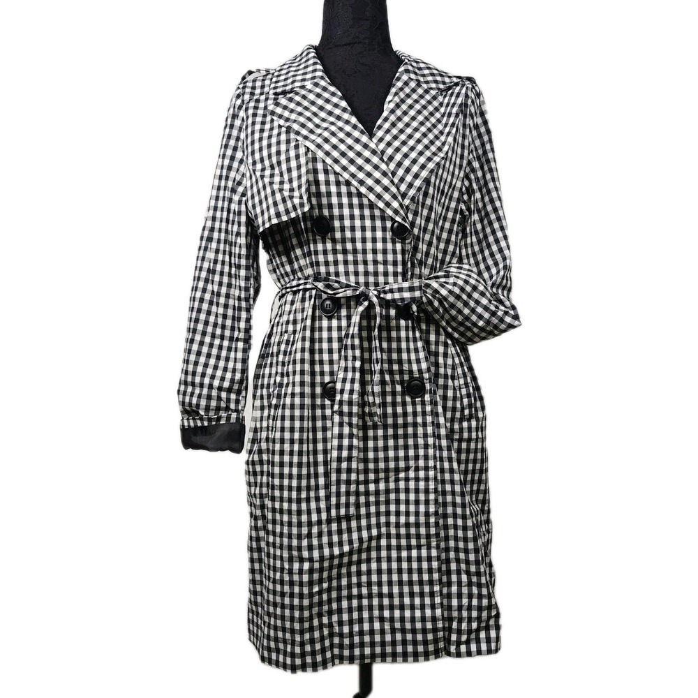 Alice Blue Trench Coat Black White Gingham Belted Double Breasted Classic Medium